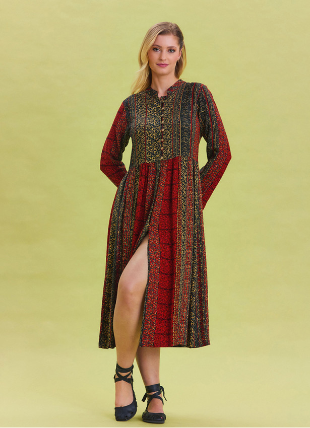 Patterned Crew Neck Button Detailed Brick Long Sleeve Dress 4445